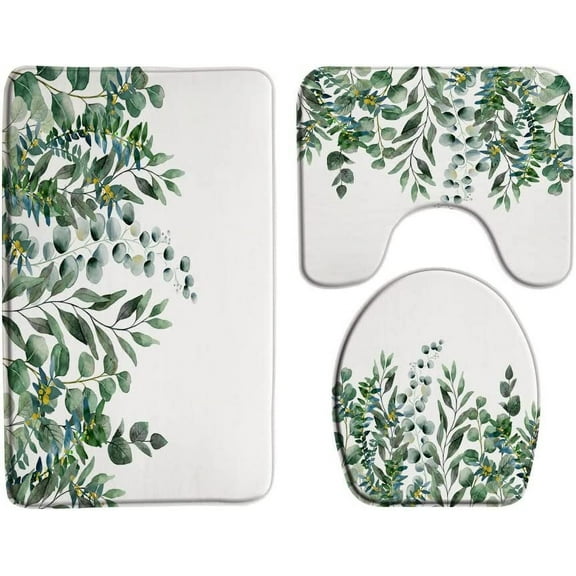3 Piece Green Leaves Bath Rugs Eucalyptus Leaf Plant Tropical Watercolor Botanical Floral Boho Nature Microfiber Memory Foam
