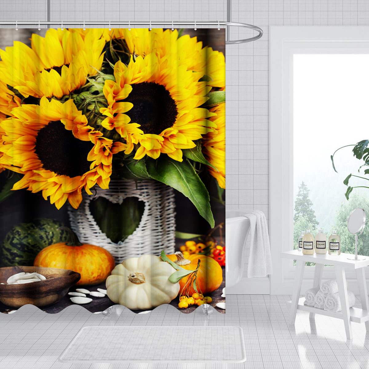 71" Sunflower Floral Shower Curtain Sets Black White Stripes for Bathroom Decor 