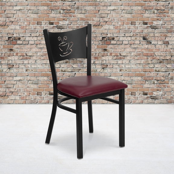 Emma Oliver 2 Pack Black Coffee Back Metal Restaurant Chair - Burgundy Vinyl Foam Padded Seat