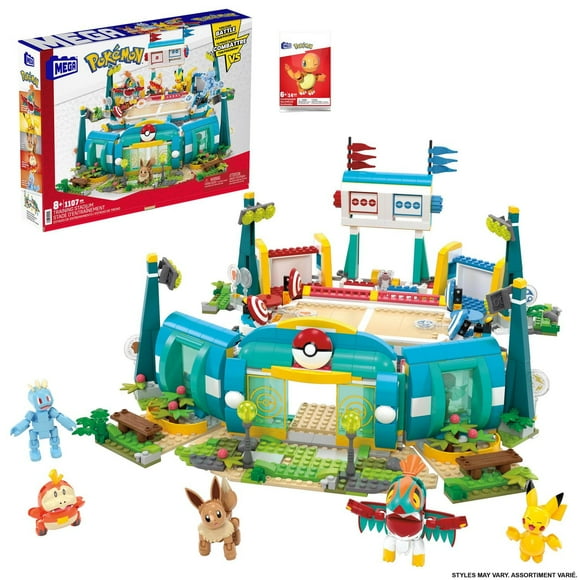 Ensemble Pokémon MEGA – Stade d’entraînement Pokémon et coffret Pokémon à construire (Les personnages peuvent varier)