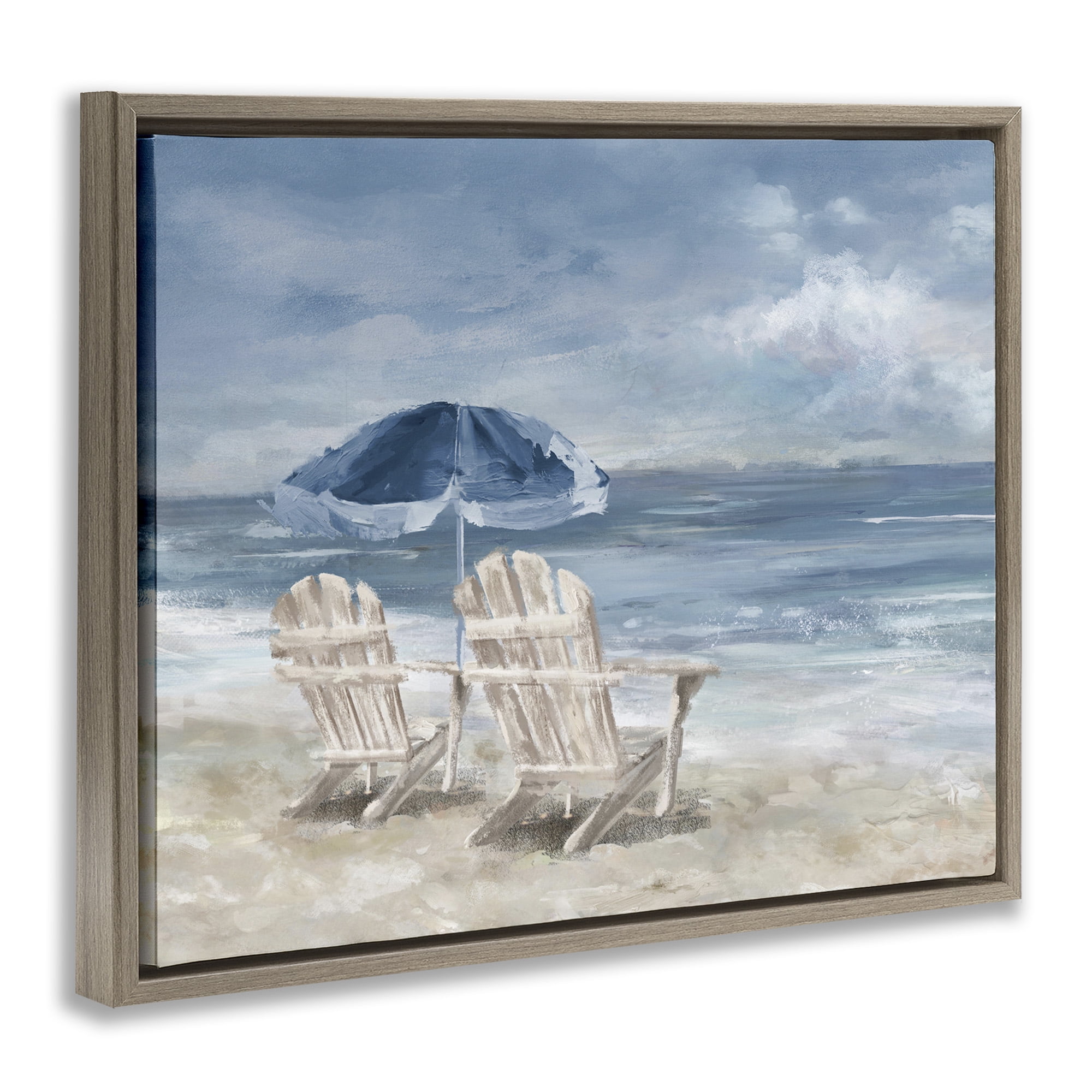 Stupell Industries Serene Beach Chairs Landscape Painting Brown Floater Framed Canvas Art Print Wall Art, 21 x 17