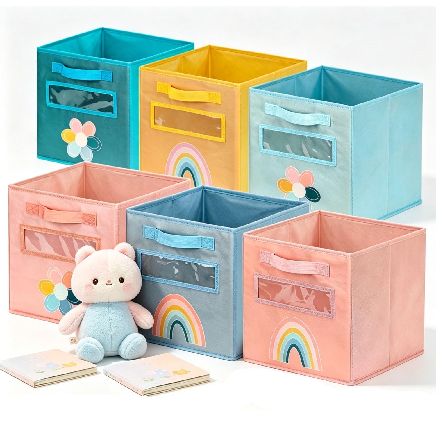 Godery 11" Collapsible Fabric Storage Cube Bin with Handles, Closet & Playroom Organizer Bins, Rainbow (6 pack)