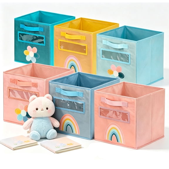 Godery 11" Collapsible Fabric Storage Cube Bin with Handles, Closet & Playroom Organizer Bins, Rainbow (6 pack)