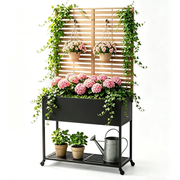 AwayHome 35"W x 16" D x 70"H Wood Grain Galvanized Steel Planter Box with Trellis, Wheels, and Storage Shelf