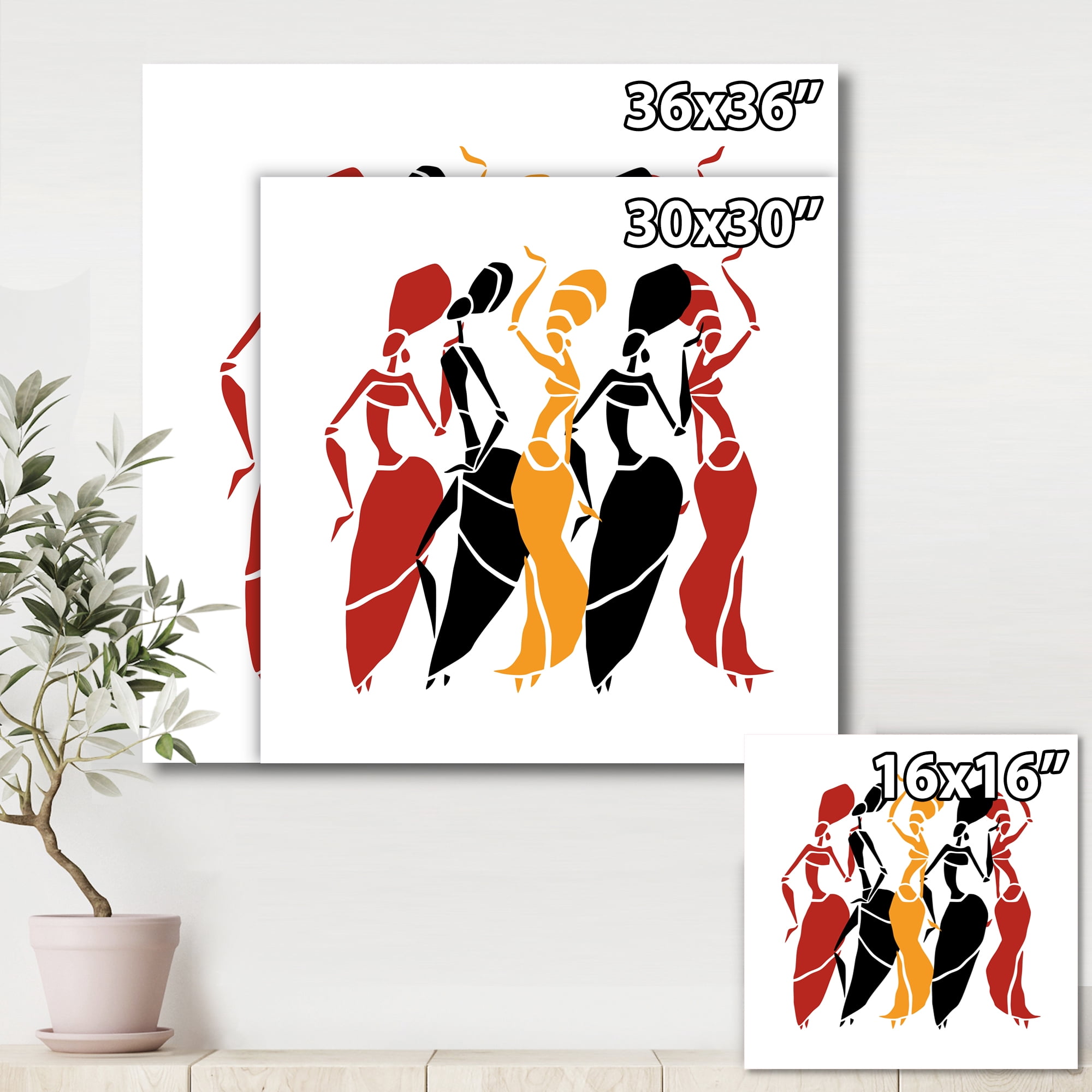 Designart ' Beautiful Red Black and Yellow Dancers Afro American Silhouettes ' Modern Canvas Wall Art Print