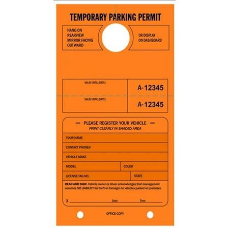 temporary parking permit mirror hang tags numbered with tear off