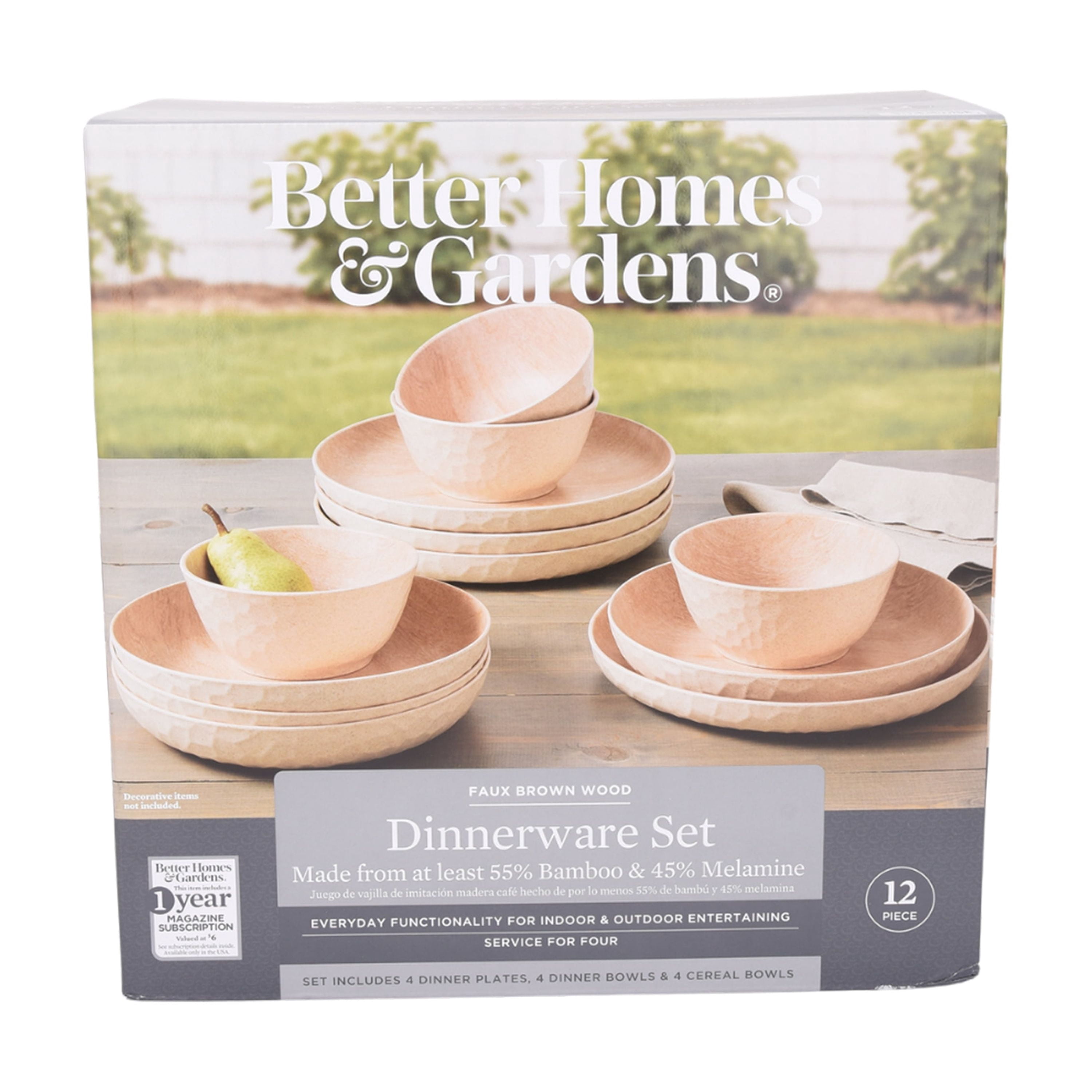 (2 pack) Better Homes & Gardens 12-Piece Bamboo Melamine Dinnerware Set, Faux Brown Wood