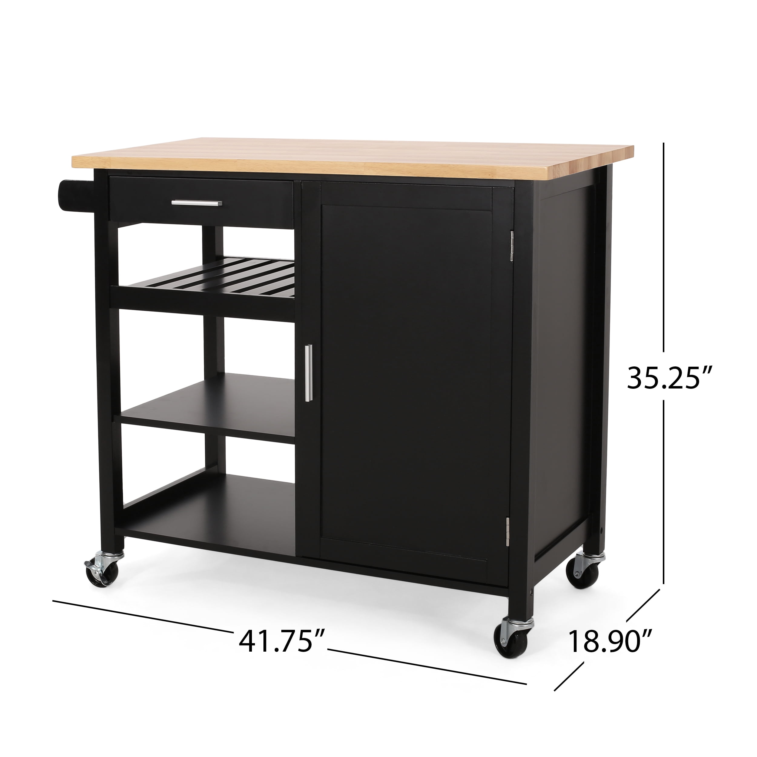 Noble House Trystin Rubberwood Kitchen Cart, Black, Natural