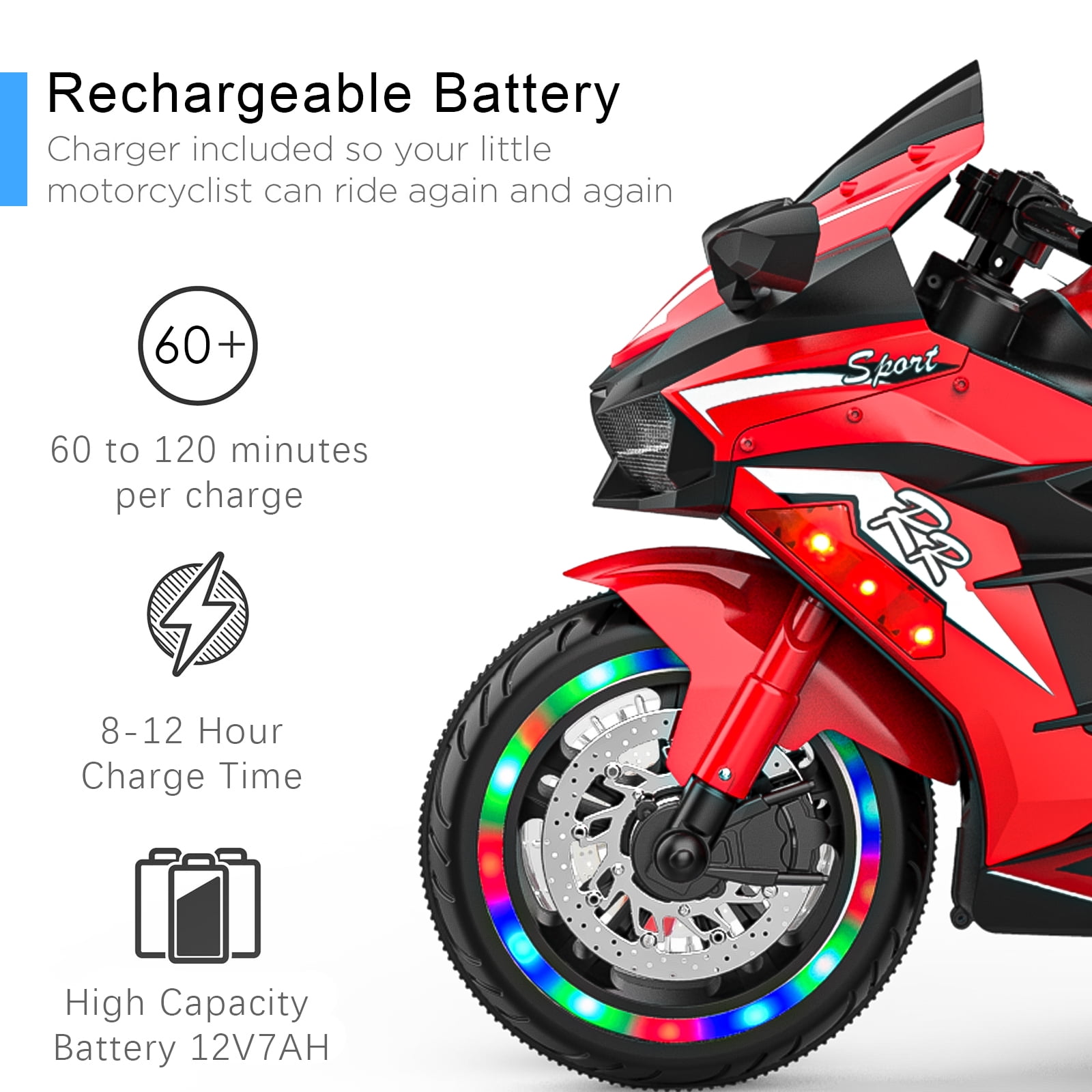 Techvida 12V Kids Ride on Motorcycle, Electric Trike Motorcycle for Boys Girls, LED Lights, Foot Pedal, Kids On Motorcycle for Boys Girls (Red)