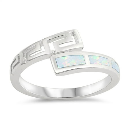 925 Sterling Silver Greek Key - White Simulated Opal Greek Key Filigree Midi Ring ( Sizes 5 6 7 8 9 10 ) .925 Sterling Silver Band Rings by Sac Silver (Size 8)