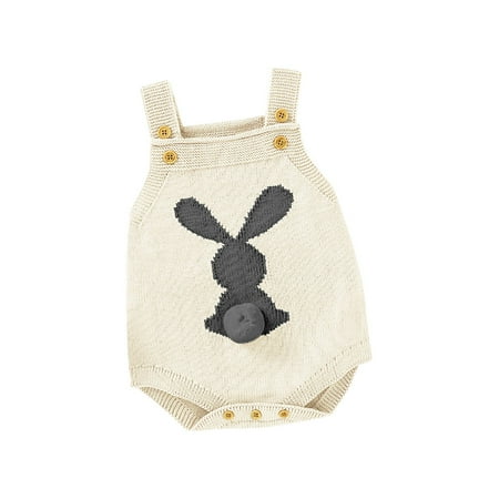 XQYLOS Baby Boys And Girls 3D Bunny Tail Decoration Suspenders Knitted Romper Children s Easter Wear Baby Girl Boy Easter Bunny Romper Sleeveless Knitted Bodysuit Jumpsuit