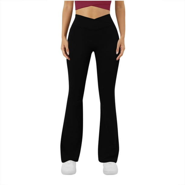 Amzcrzy Pantalones Yoga Mujer Color Liso - Cintura Elástica, Control Abdominal, Corte Acampanado, Leggings Elásticos Cómodos, Bolsillos S-2XL Negro