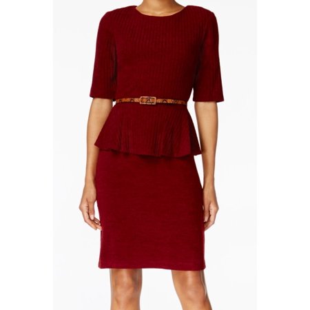 Connected Apparel NEW Red Womens Size 10 Belted Peplum Sweater Dress