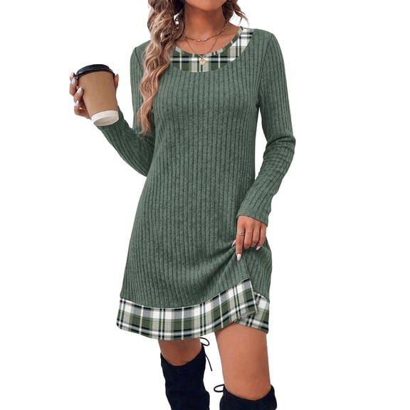 WIHOLL Long Sleeve Dress for Women Knit Tunic Sweater Dress Crew Neck Casual Fall Winter Dresses
