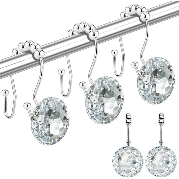 Shower Curtain Hooks Rings for Bathroom, 12PCS Double Hooks Glide Anti Rust Crystal Rhinestones Shower Curtain Rings Hangers for Shower Curtains, Clothing, Towels, etc. (White)