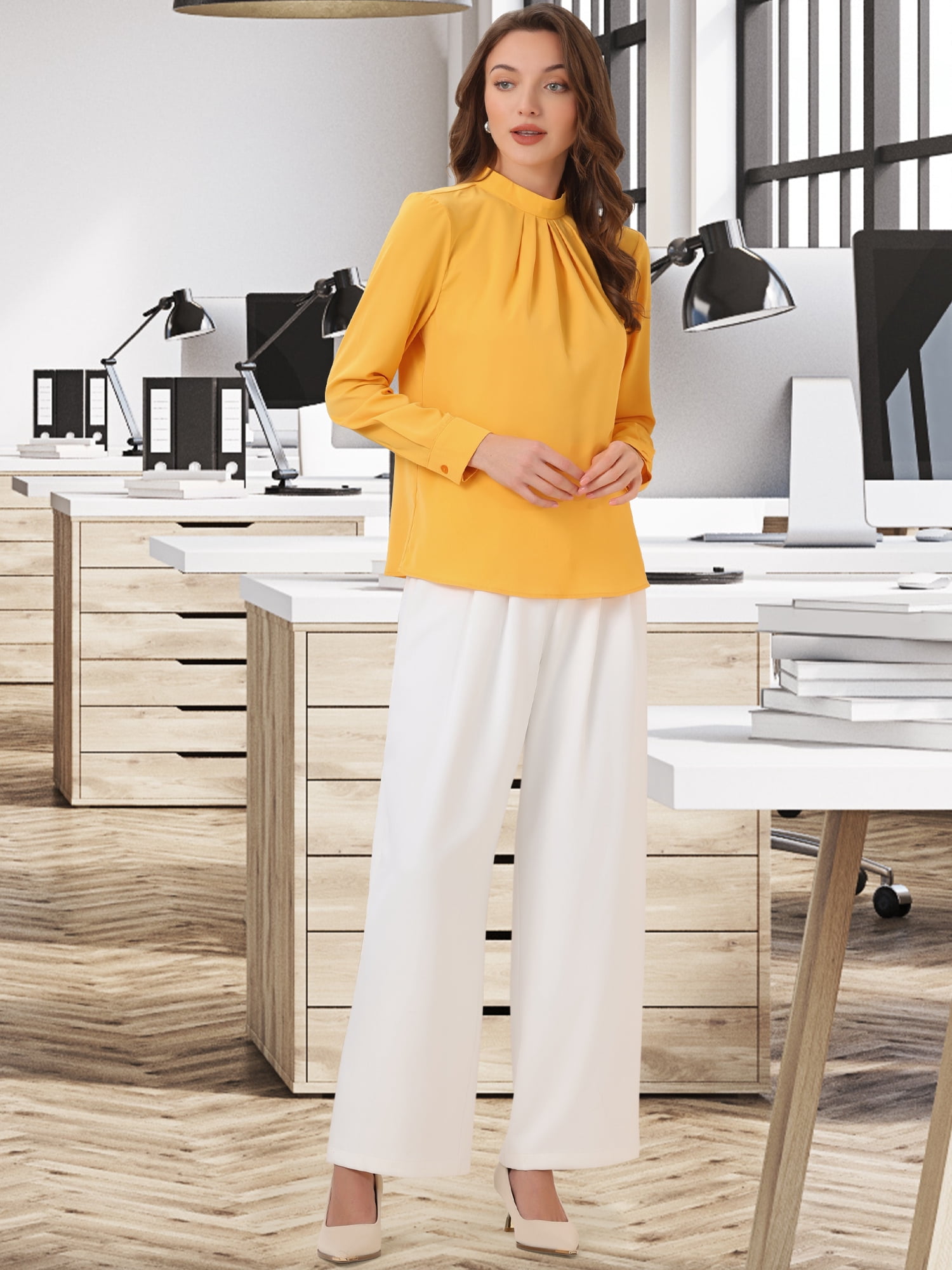 DARING DIVA Women's Tops Stand Collar Long Sleeve Business Shirt M Yellow