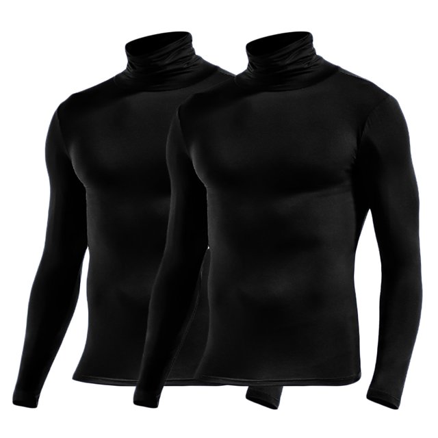tops para hombre, ropa de otoño cálida de cuello alto, camisa base de manga larga, paquete de 2 piezas de color sólido — paquete de dos camisetas interiores negras de manga larga con cuello alto en vista frontal, silueta ajustada, tejido liso y elástico (95% fibra de celulosa regenerada, 5% spandex), dobladillo recto y costuras visibles sobre fondo blanco; aptas como capa base casual para otoño.