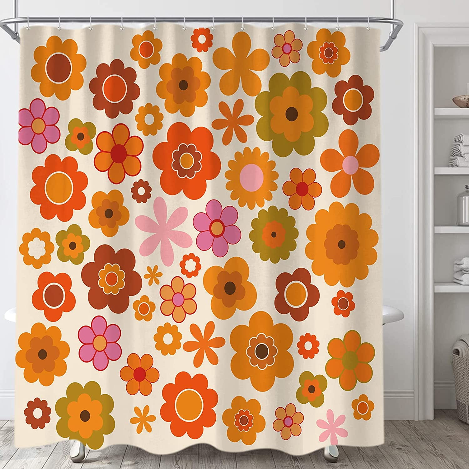 Retro Flowers Shower Curtain, Groovy Brown Orange Sun Flower Vintage 70s Fabric Shower Curtains Set for Bathroom Funky Hippie 1970 Boho Yellow Floral Decoration with Hooks 72 X 72 inch Bath Decor