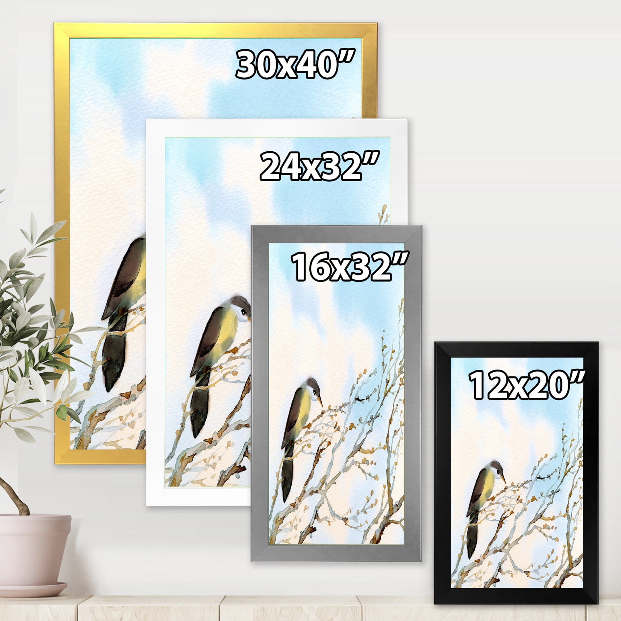 Designart 'Bird Sitting On Old Bare Tree With Blue Cloudy Sky' Traditional Framed Art Print