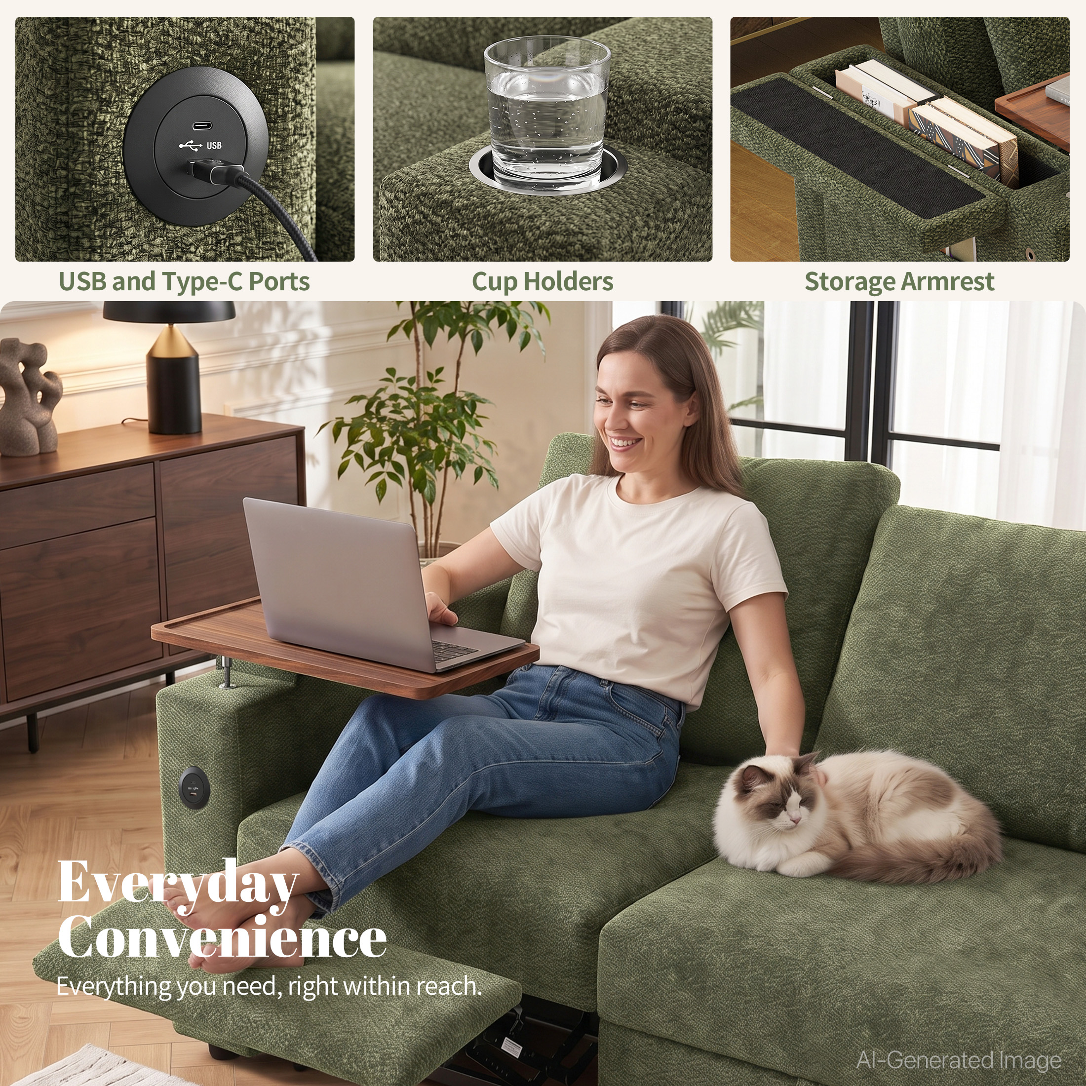 Aenkyo 81" 3-in-1 Convertible Sleeper Sofa with Pull Out Bed and Recliner, Adjustable Backrest, Green