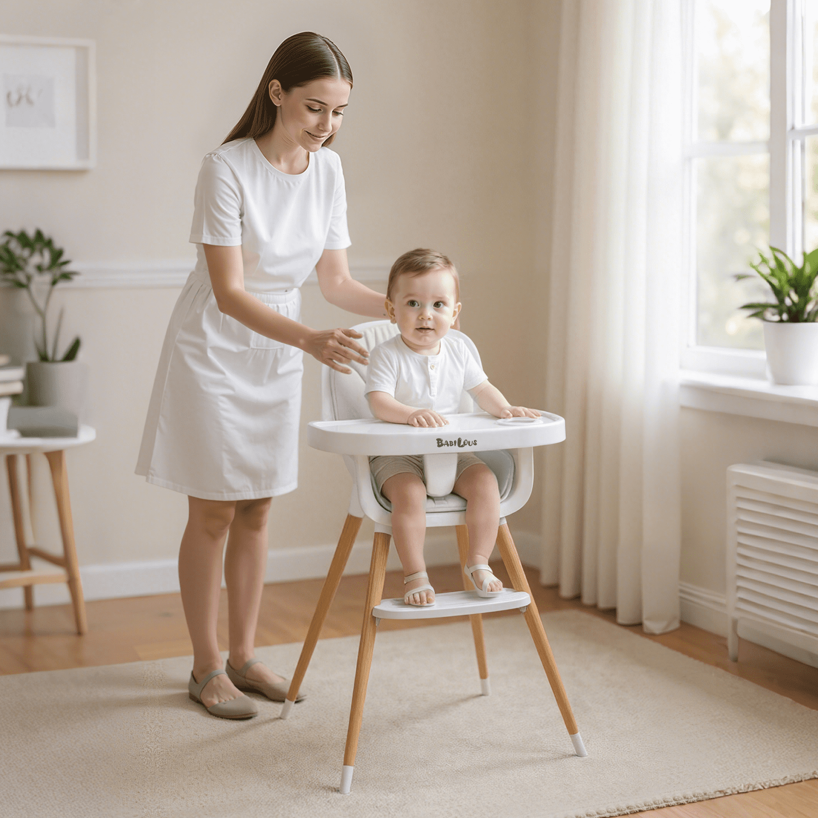 Babilous Baby High Chair, Wooden Highchair with Removable Tray, Adjustable Legs, Cushion, 5-Point Harness and Footrest for Infants, Baby, Toddlers, Gray