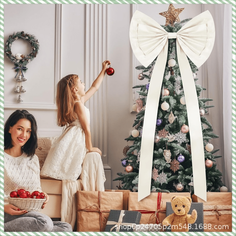 White Christmas Tree Wreath Bow, 23.6 x 70.9 in / 60 x 180 cm Satin Fabric Giant Bow Decoration with Long Streamers, Long-Lasting Large Bowknot for Backdrop Wedding Party Home Wall Door Decor