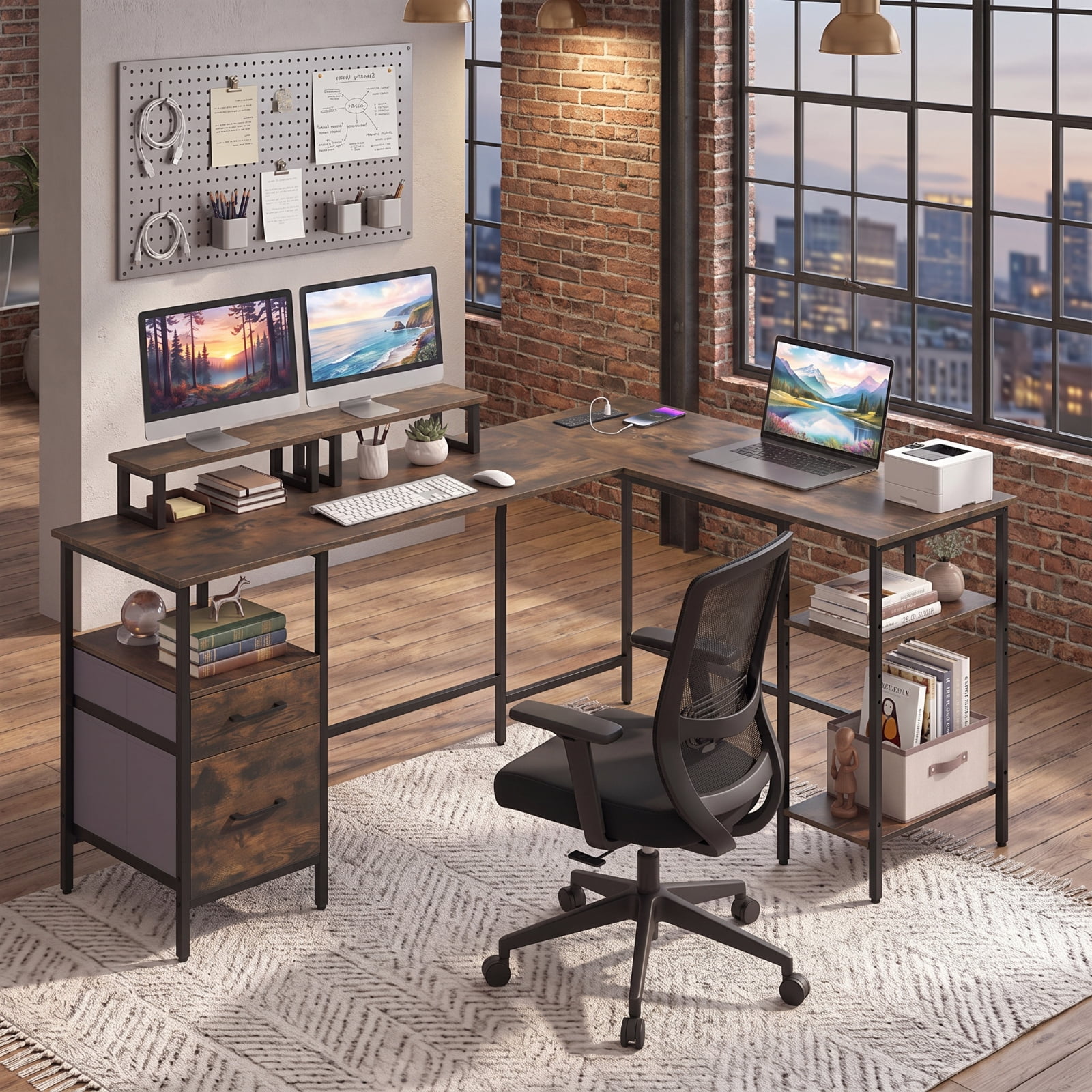 Furnibear L Shaped Desk Reversible Computer Desk with Power Outlet Monitor Stand and Fabric Drawers for Home Office Corner Workstation, Rustic Brown