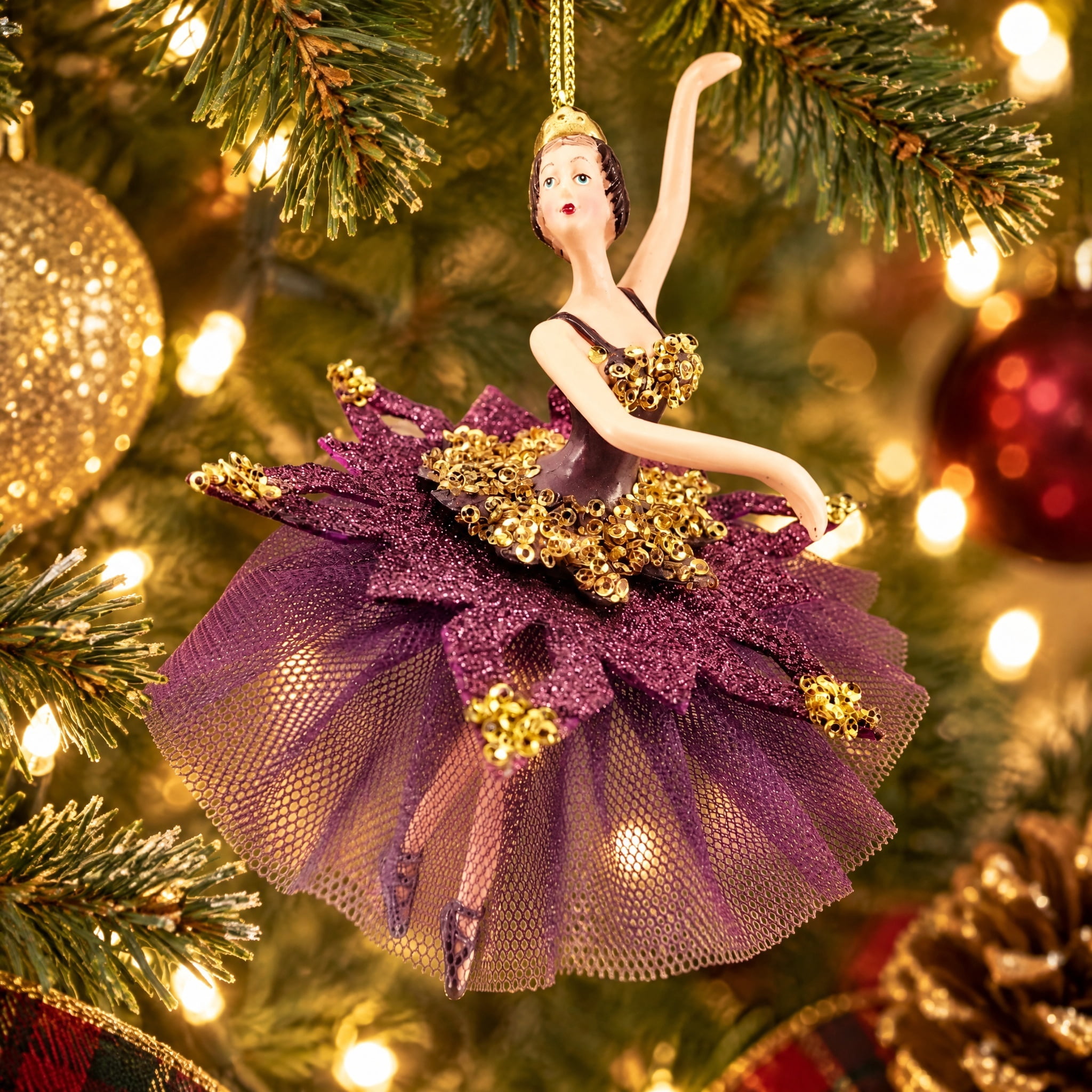 Purple and Gold Ballerina Christmas Ornament, 6.3", by Holiday Time