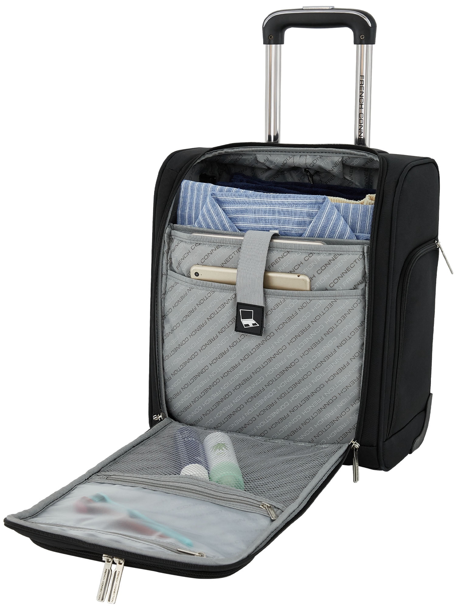 French Connection 16-Inch Rolling Under Seater Luggage with USB Port, Black