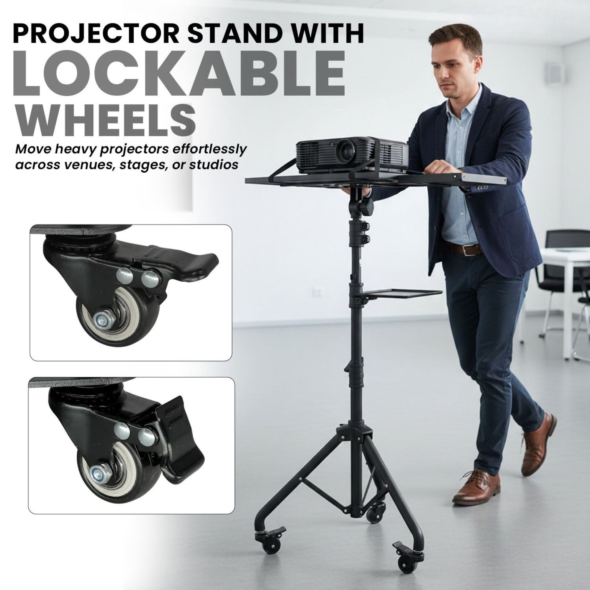 Adjustable Projector Stand Tripod - 71" Portable Laptop Floor Stand with 2 Trays