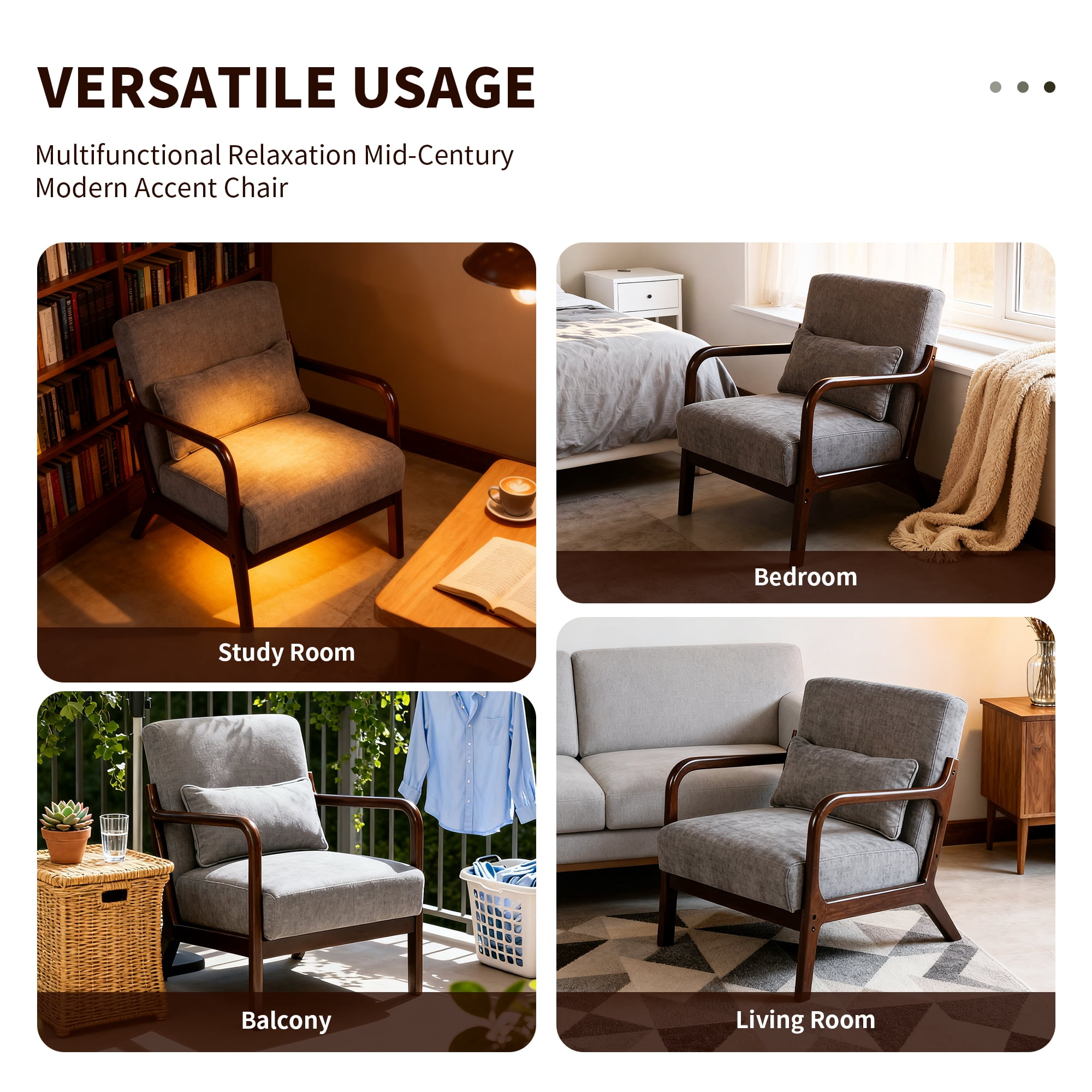 Mid Century Accent Chair with Solid Wood Frame, Upholstered Modern Reading Armchair with Lumbar Pillow, Comfy Lounge Chair for Living Room, Grey
