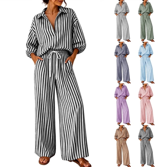 Admvng Womens Striped Suit 2 Piece Outfit Long Sleeve Top and Long Pants Casual Set for Ladies Daily Outfit