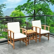 3PCS Ensemble de fauteuil d'extérieur en bois massif avec coussin de conversation Gymax