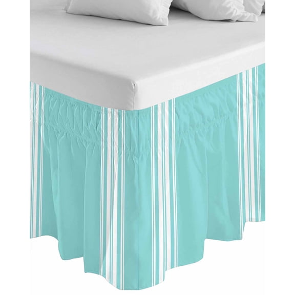 Aqua Striped Wrap Around Bed Skirts for King Bed 16" Drop,Bed Skirt with Adjustable Elastic Belt Dust Ruffle Bed Valance for Bedroom Hotel Luxurious White Stripes Modern Abstract Art Bed Frame Cover