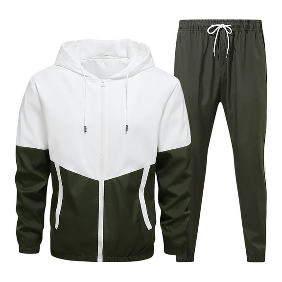 JUUYY Men's Retro Windbreaker Tracksuits Set Long Sleeve Full Zip Running Sports Sweatsuit Color Block Fashion 2 Piece Outfits Army Green L