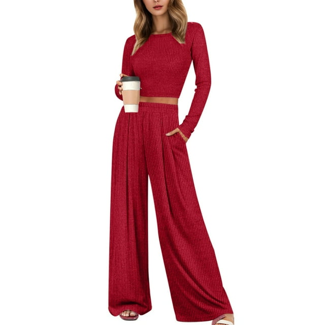 HNMKIU Ladies Pajamas Two Piece Outfits For Women Long Sleeve Crop Top Wide Leg Pants Matching Sets Tracksuits