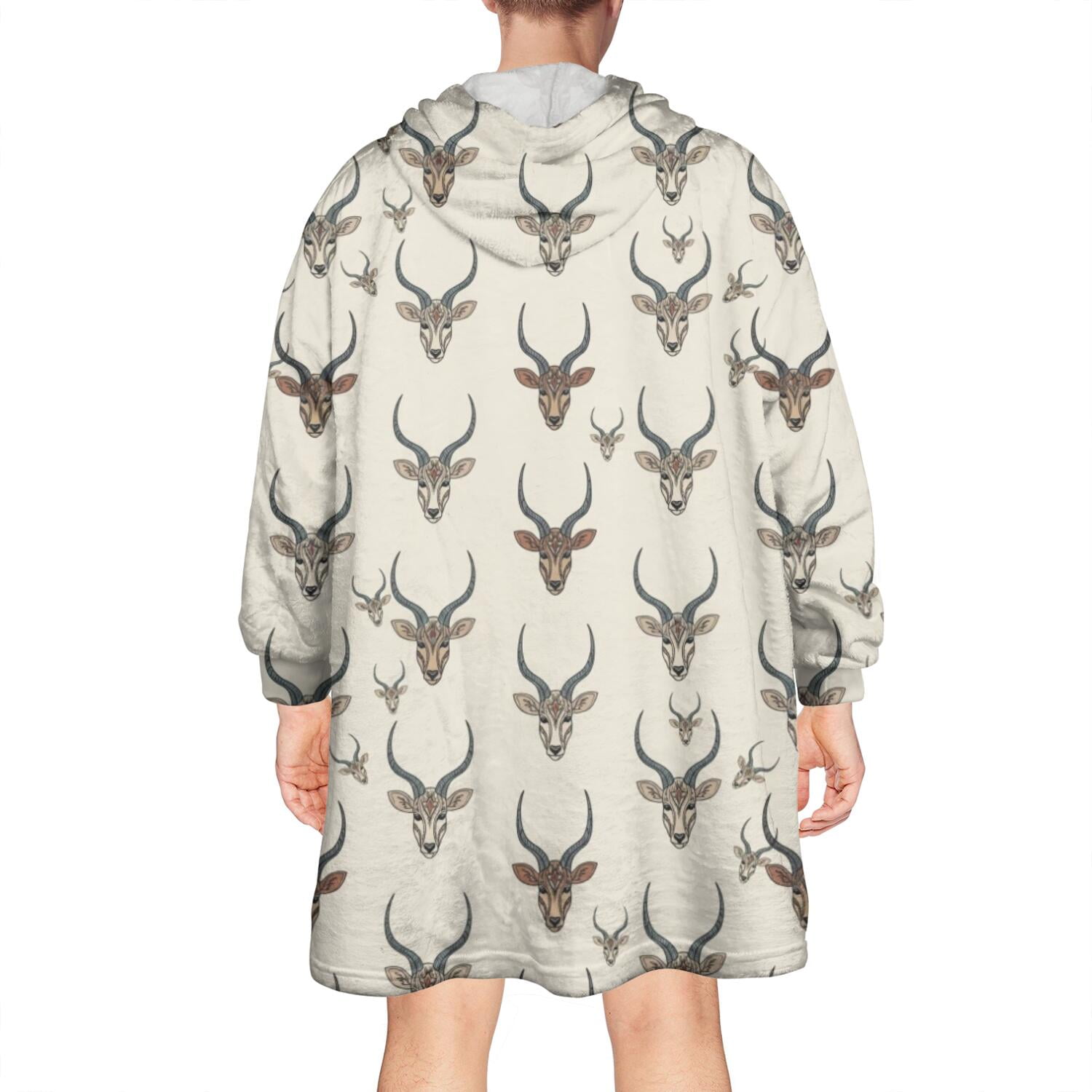 Beige Antelope Head Pattern Wearable Oversized Blanket,Wearable Blanket Hoodie for Adults,Cozy Hooded Blankets with Super Pockets,Super Warm Fuzzy Pullover for Women & Men