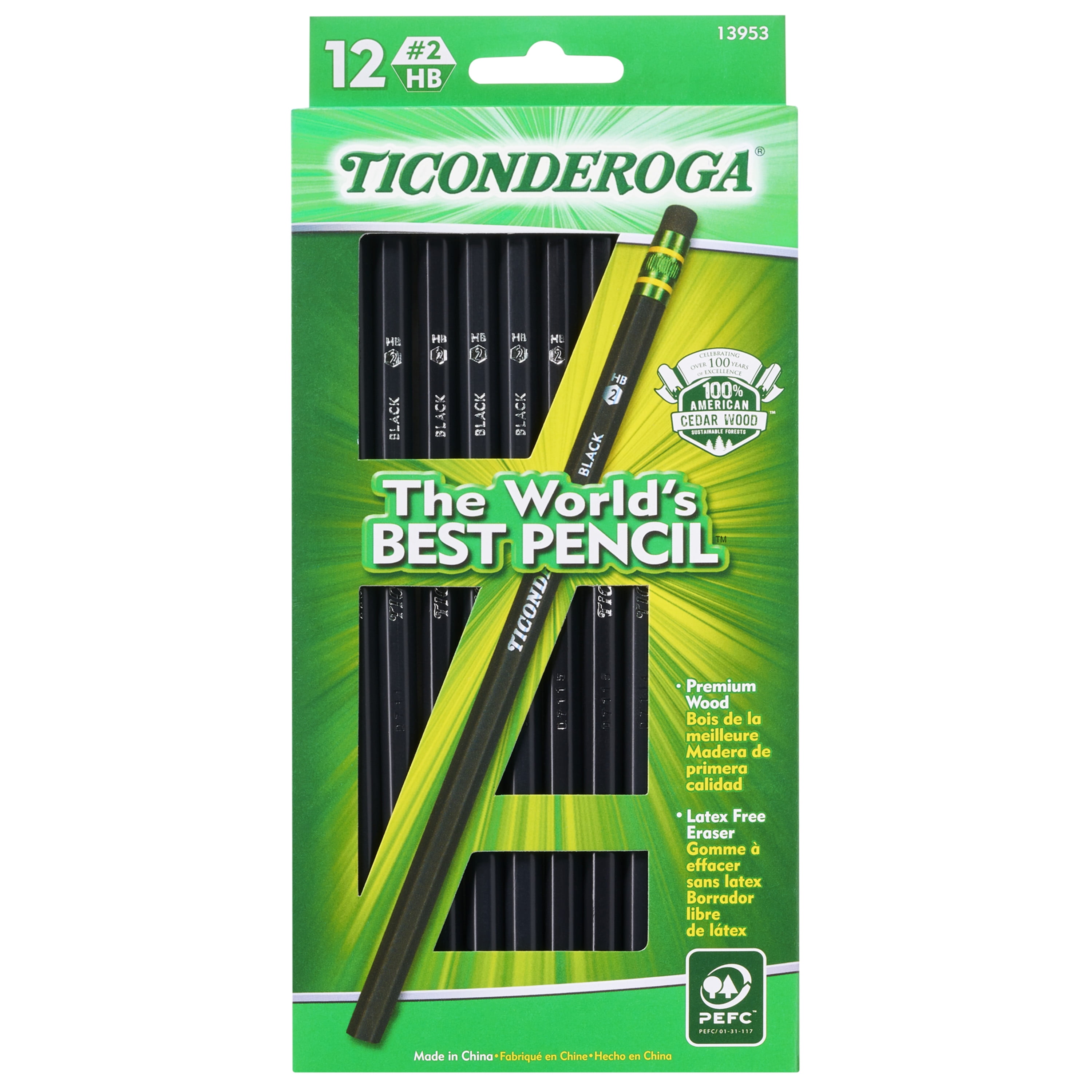 Ticonderoga Premium Wood Pencils, Unsharpened #2 Lead, Black, 12 Count