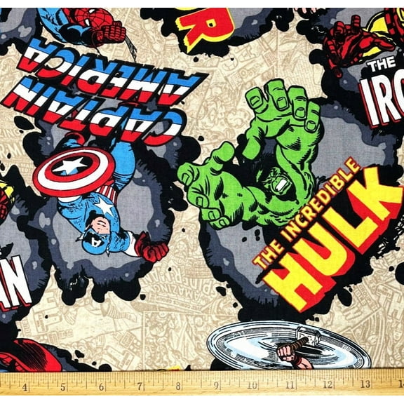 1/2 Yard - Marvel Hero Comic Cotton Fabric - Hulk Spiderman Thor Ironman Captain America (Great for Quilting, Sewing, Craft Projects, Throw Pillows & More) 1/2 Yard x 44"