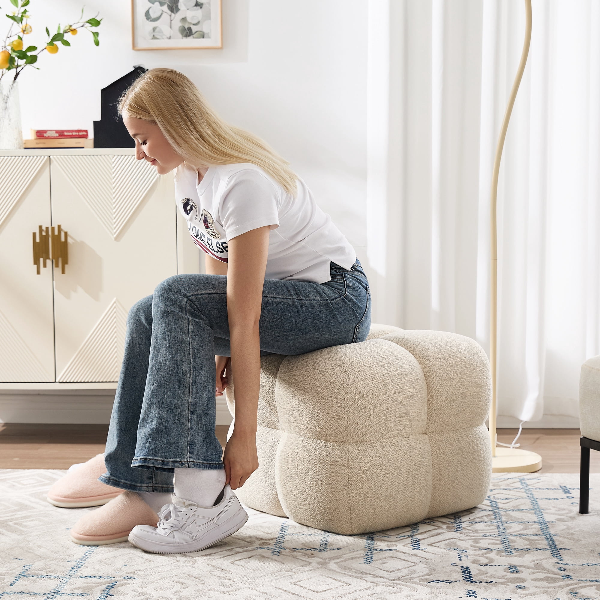 Zesthouse 20.9″ Wide Linen Ottoman, Modern Foot Stool, Square Upholstered Tufted Ottoman Coffee Table, Extra Seating for Living Room Bedroom, Beige