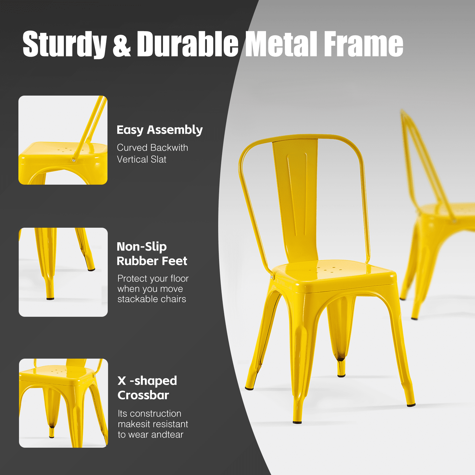 SOLEGGIATA Yellow Metal Dining Chairs Set of 2 Industrial Stackable Chairs Suitable for Indoor Outdoor Dining Room Kitchen Restaurant Cafe Daisy Yellow