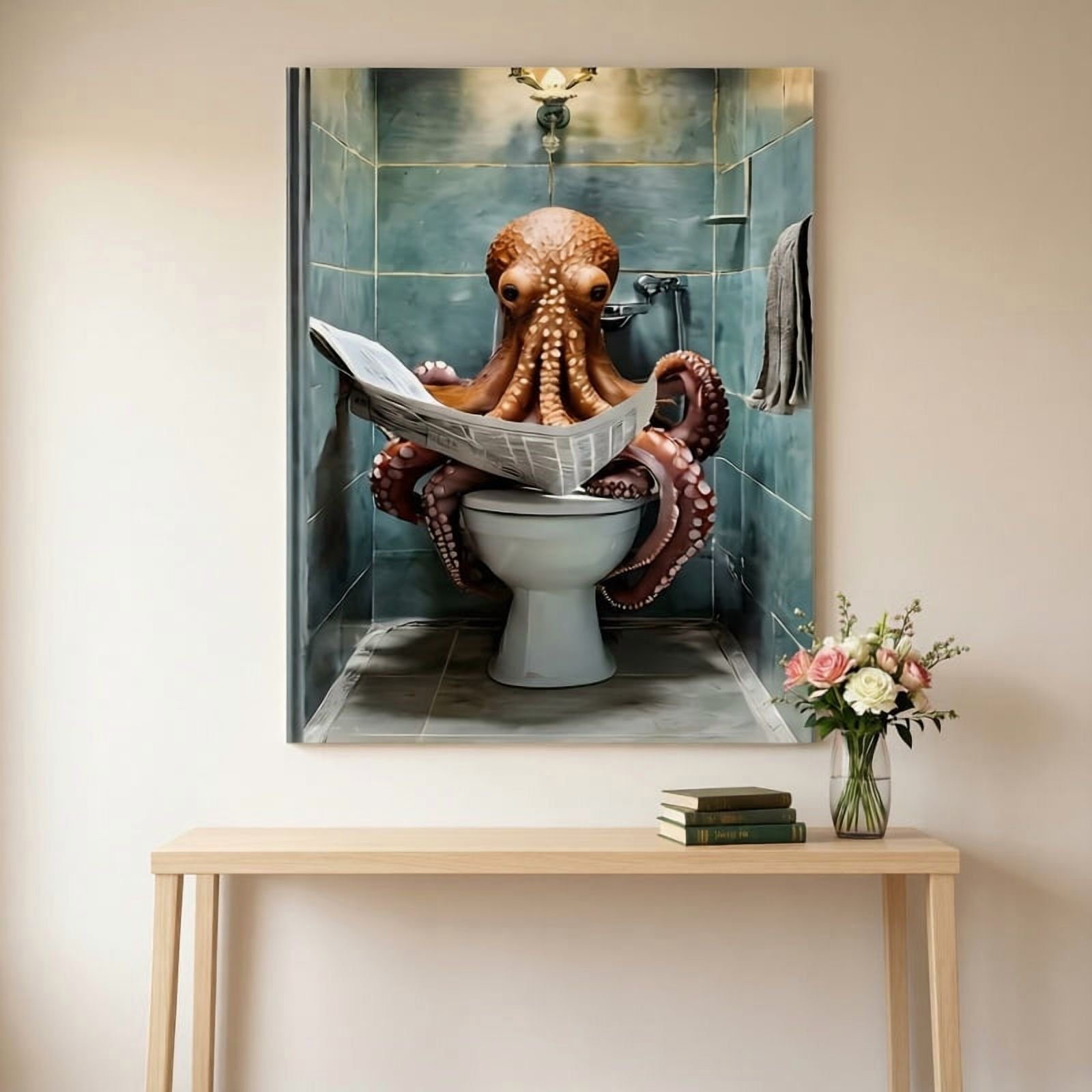 Funny Octopus on the Toilet Reading Newspaper Canvas Wall Art - Quirky Sea Creature Bathroom Poster - Humorous Potty Humor Print for Half Bath, Powder Room, Restroom Decor
