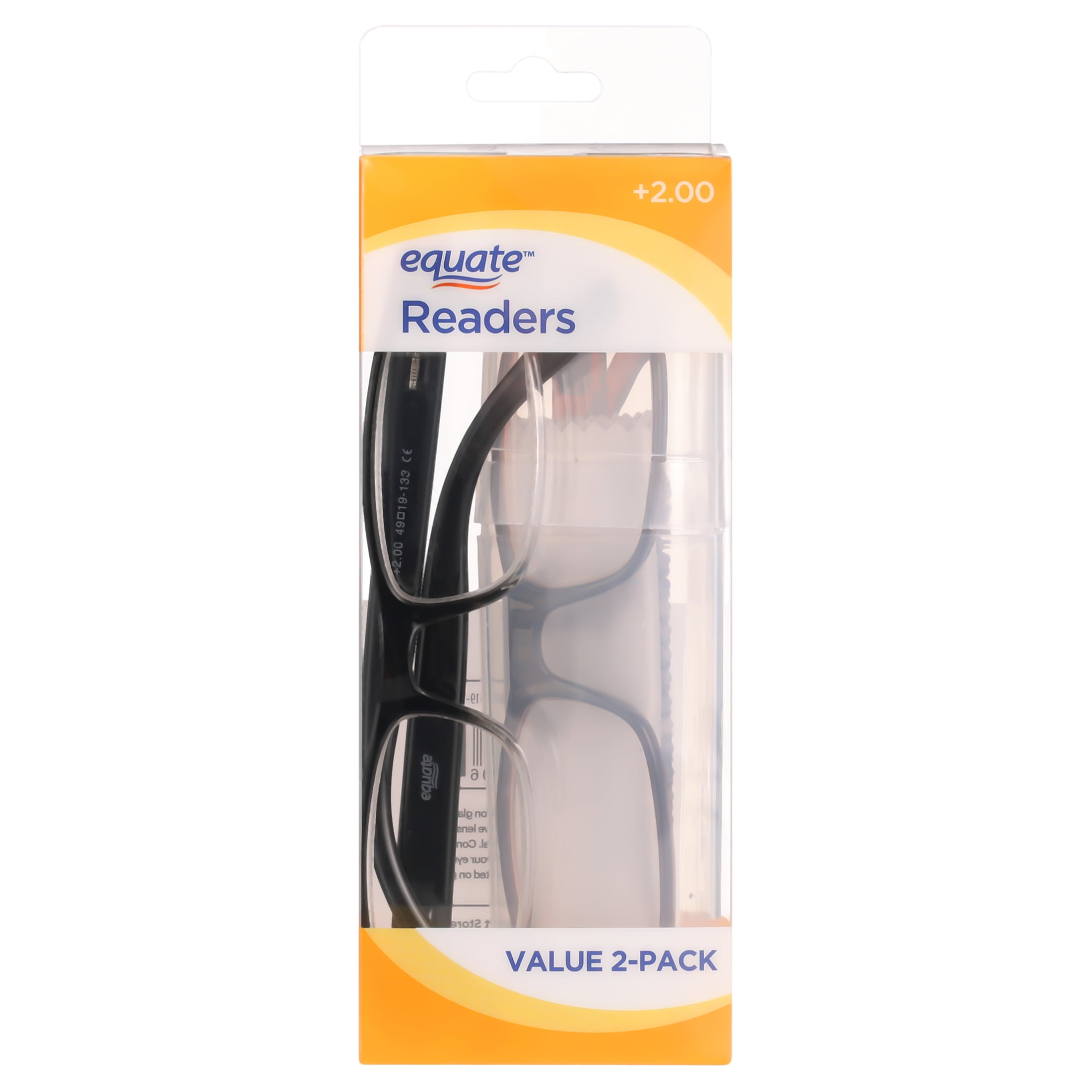 (2 pack) Equate Phoenix Value 2-Pack Unisex Rectangular Reading Glasses with Case, +2.00