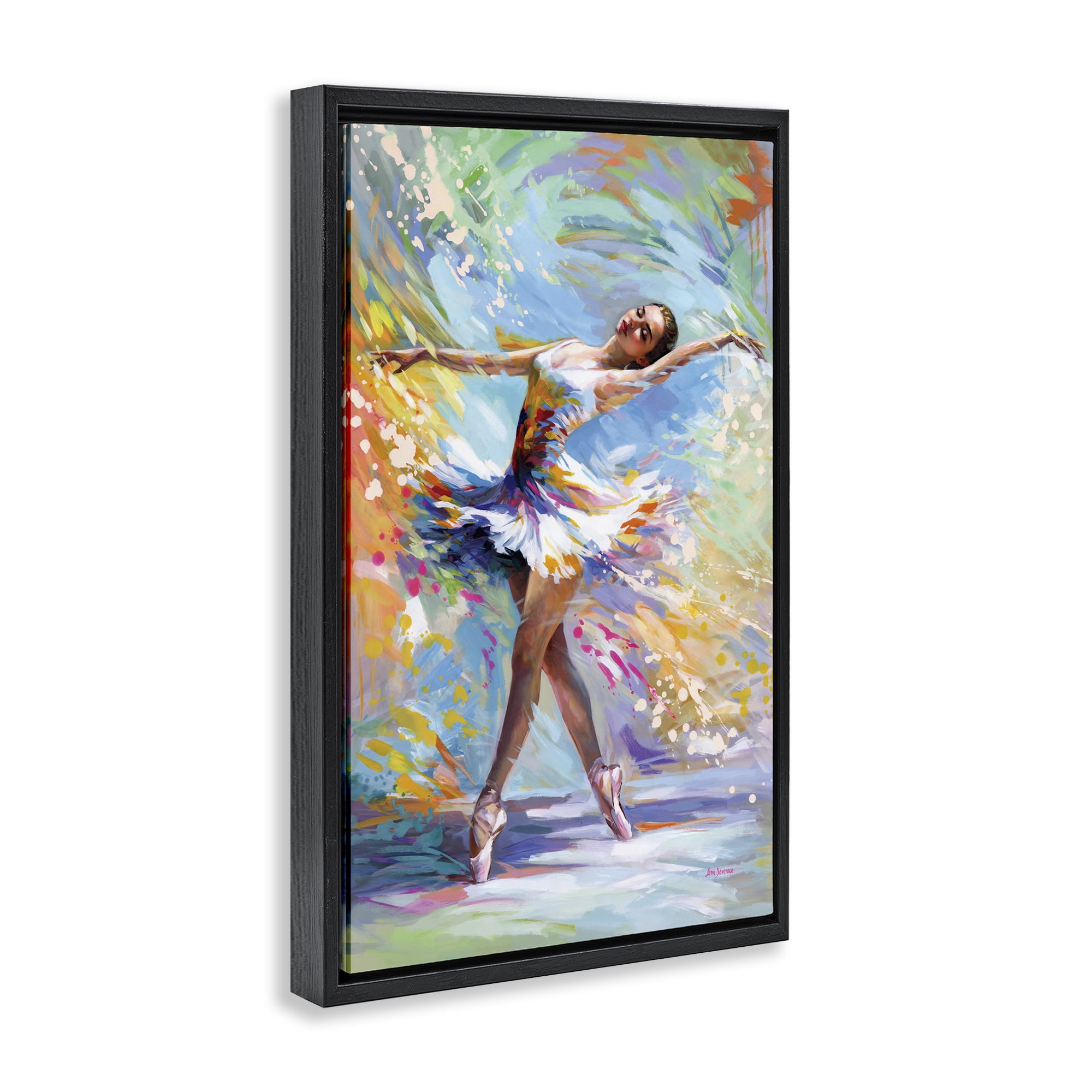 Stupell Industries Ballerina on Pastel Splatter Entertainment Painting Black Floater Framed Canvas Art Print Wall Art, 17 x 25
