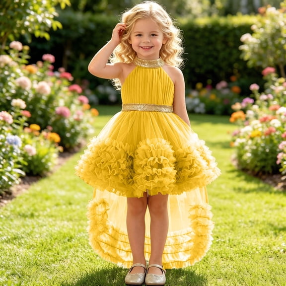 ATOGUTA Elegant Dresses for Girls Yellow Sleeveless Tulle Formal Wedding Pageant Party Fancy Princess Ball Gown Dresses 6M-4T