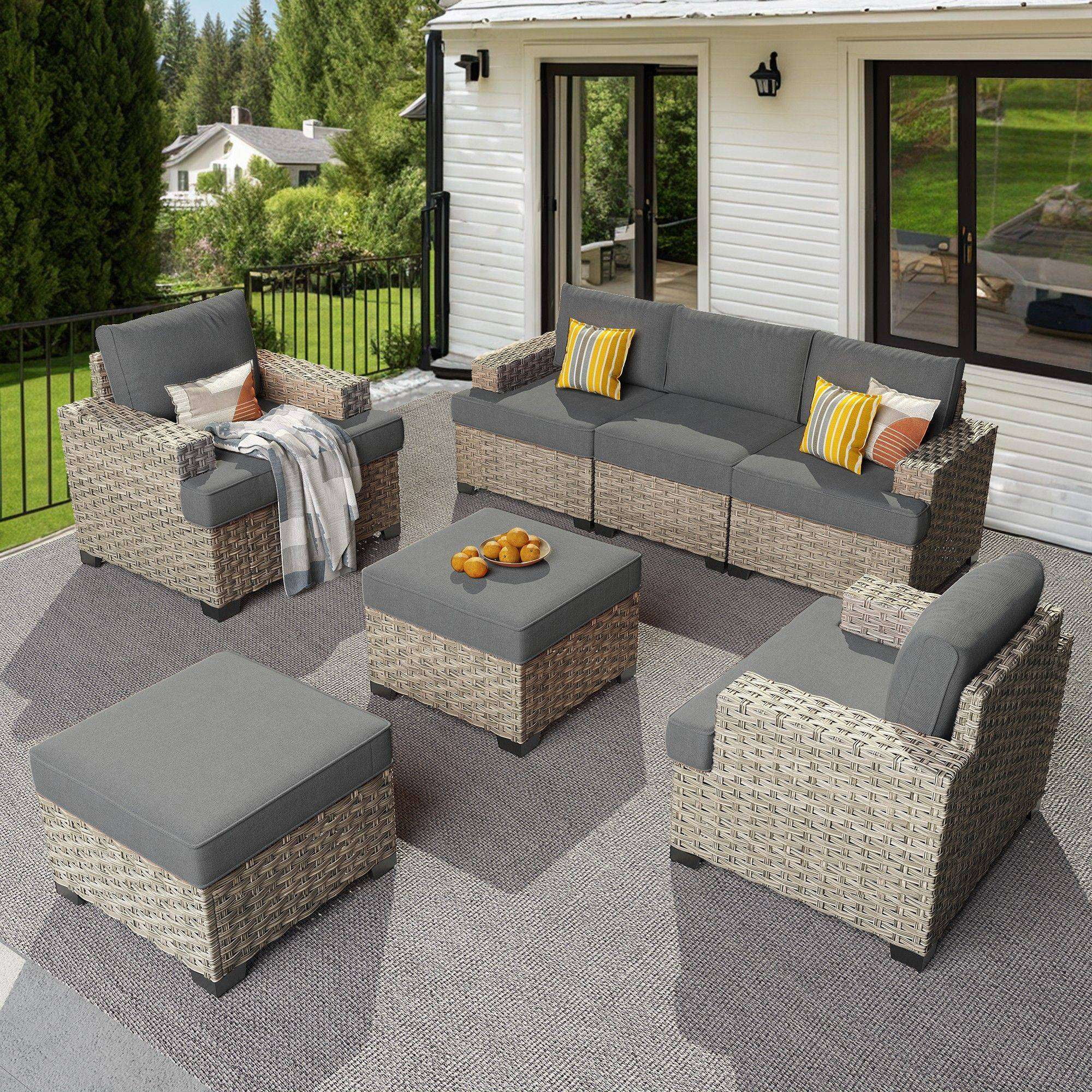 XIZZI Outdoor Patio Furniture Sets, 7 Pieces Outdoor Sectional wicker patio furniture with Cushion Ottoman, All-Weather Waterproof Outdoor Conversation set for Porch, Dark Gray