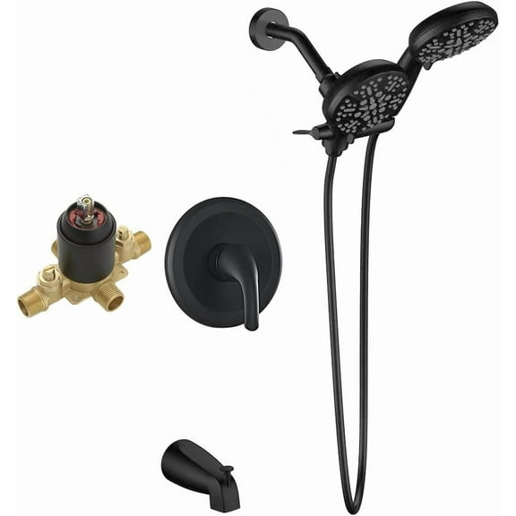 Dual-Function Shower Faucet Set with Tub Spout Bathroom 35 Setting Dual 2 in 1 Shower System with 5'' Handheld Shower Head 3-way Water Diverter Shower Trim Kit with Rough In Valve Black