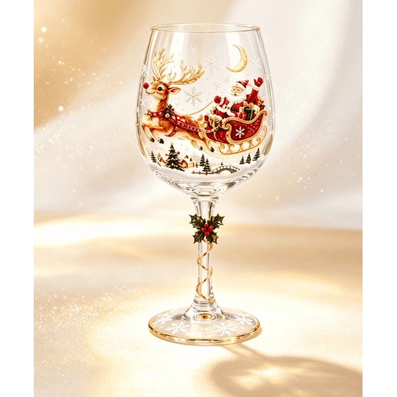 Night Scene Santa Reindeer Stemmed Wine Glass, Snowflake Accent Goblet, Artistic Holiday Drinkware for Home Christmas Party Gift