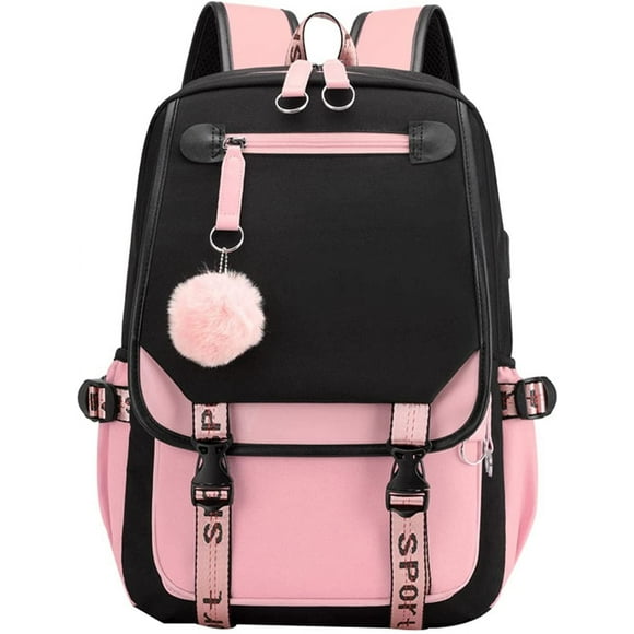 Girls School Student School Bag Outdoor Backpack with USB Charging Port, Black Pink, Backpack