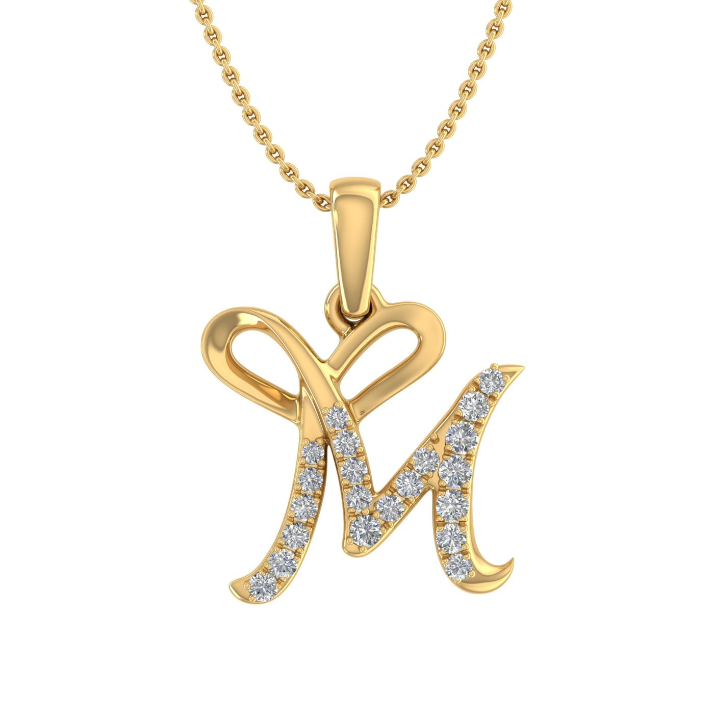 1/10 ctw Diamond Heart Initial Letter M Pendant Necklace in 10K Yellow Gold  - IGI (with Silver Chain)